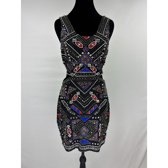 Parker Covina Beaded Mini Dress Black Red Blue XS Cut Out Sleeveless Back Zip - Picture 15 of 15